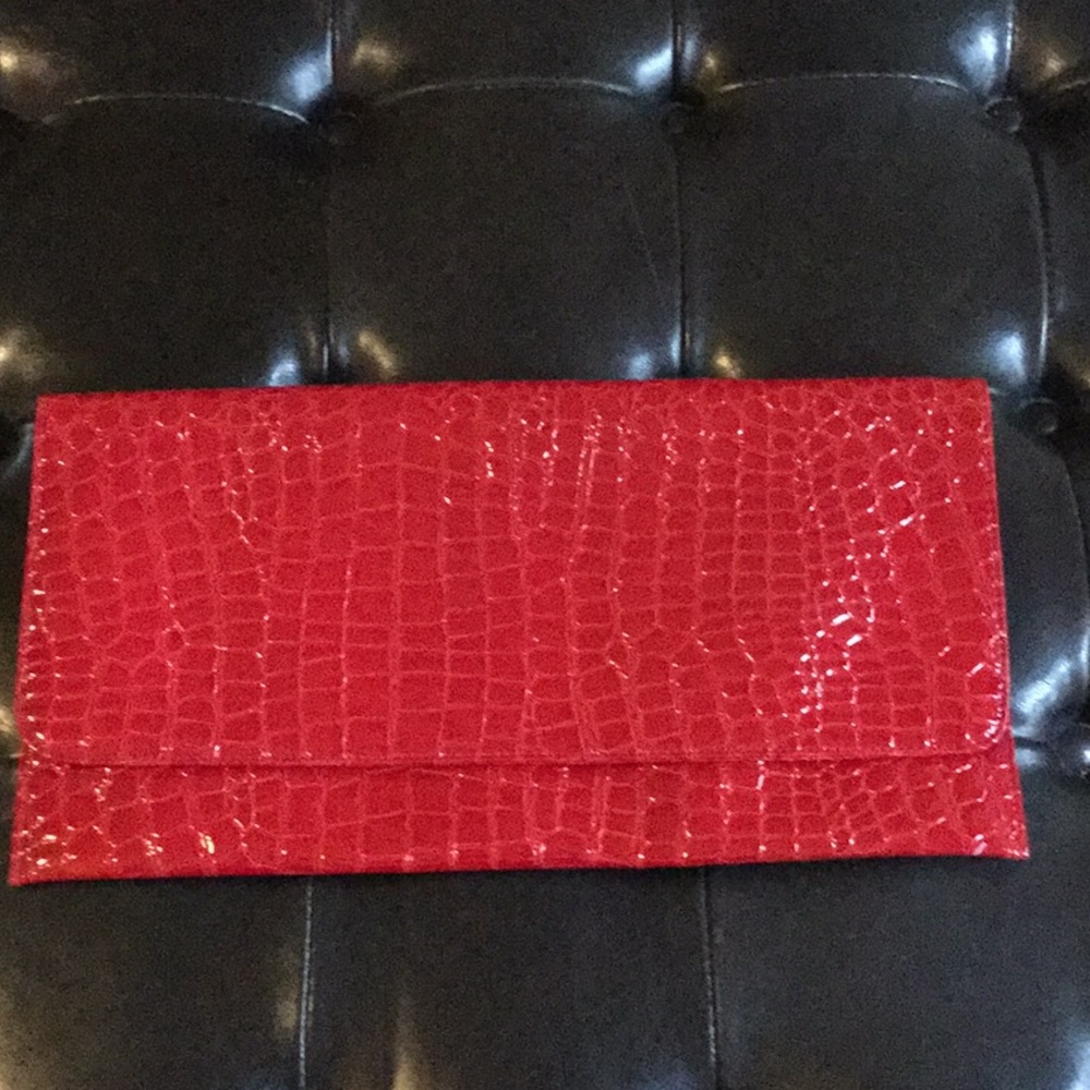 Red faux alligator statement clutch handbag
